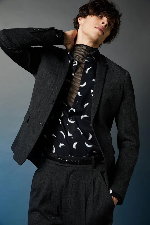 Tops and Shirts Men Patrizia Pepe Patterned Shirt With Breast Pocket Black Feathers