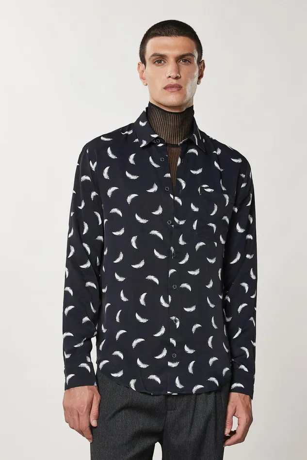Tops and Shirts Men Patrizia Pepe Patterned Shirt With Breast Pocket Black Feathers