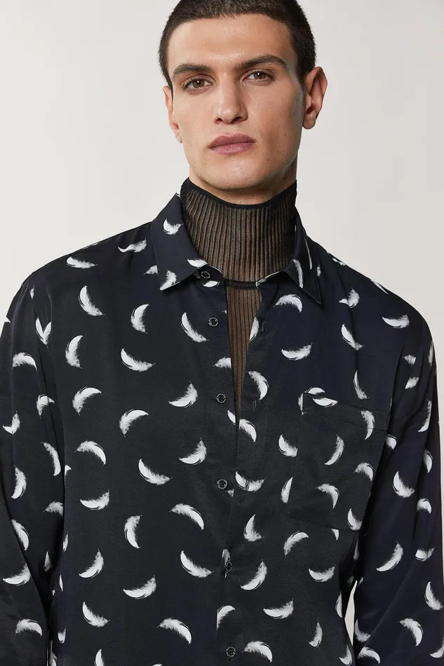 Tops and Shirts Men Patrizia Pepe Patterned Shirt With Breast Pocket Black Feathers