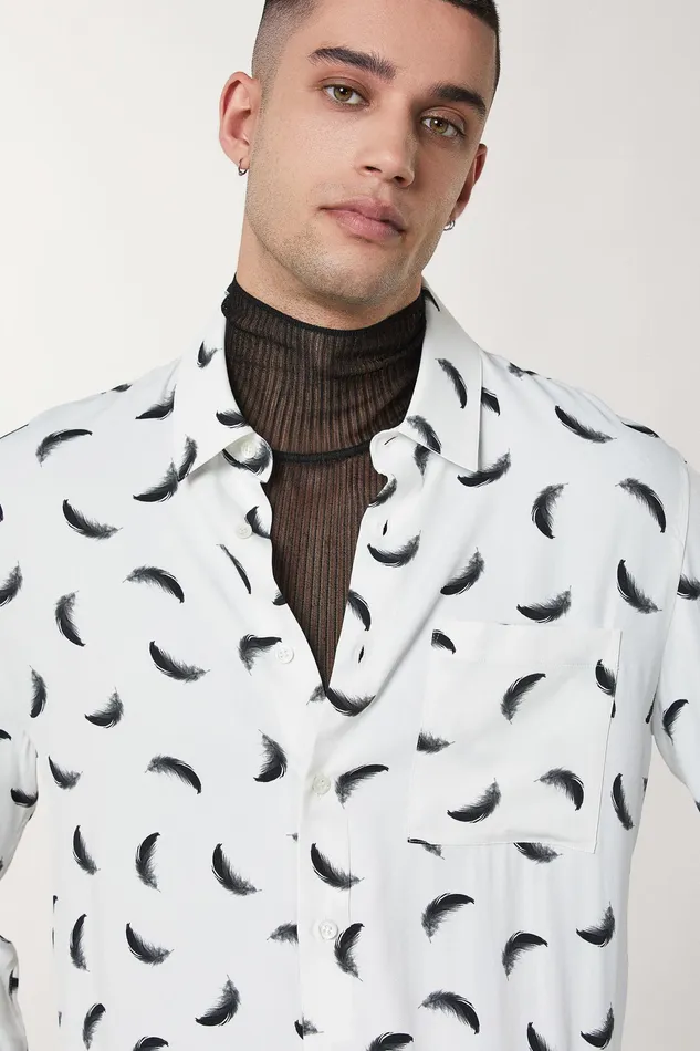 Tops and Shirts Men Patrizia Pepe Patterned Shirt With Breast Pocket White Feathers