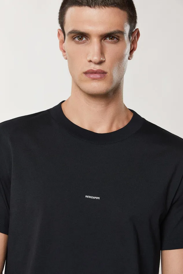 Tops and Shirts Men Patrizia Pepe Pima Cotton Jersey TShirt With Logo Nero Vinile