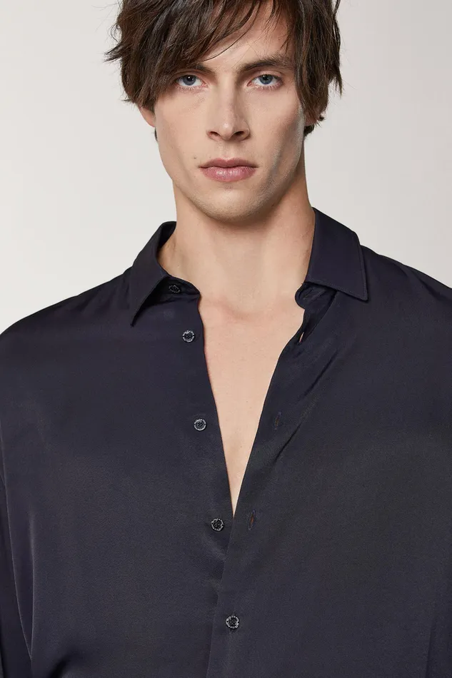 Tops and Shirts Men Patrizia Pepe SolidColored Shirt In Viscose Twill Royal Navy