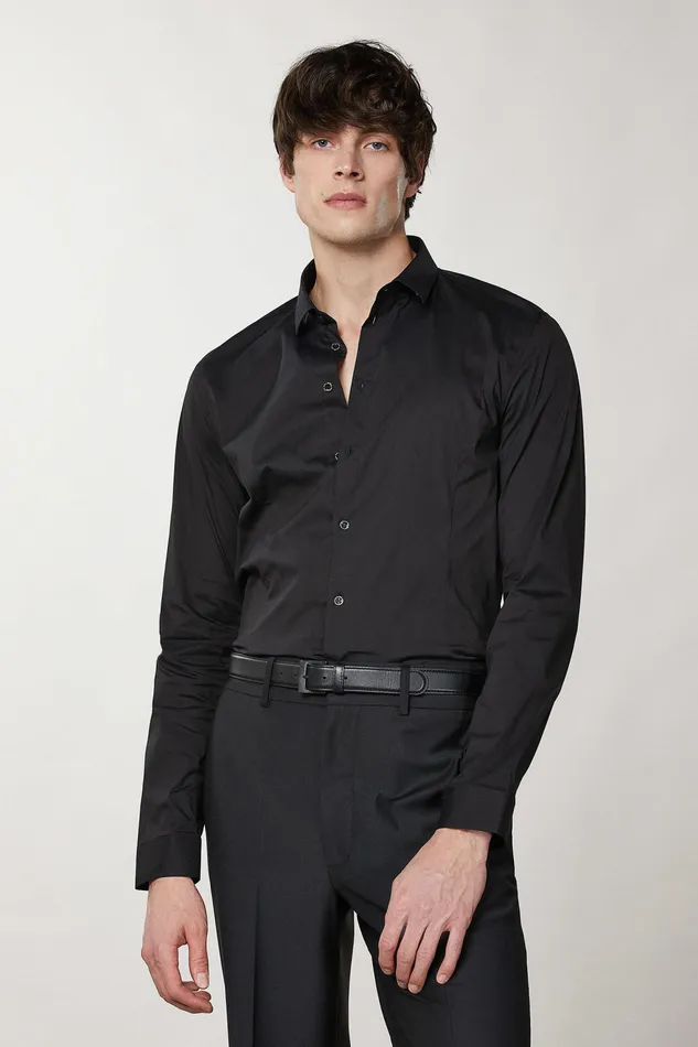 Tops and Shirts Men Patrizia Pepe Stretch Poplin Shirt Nero Vinile