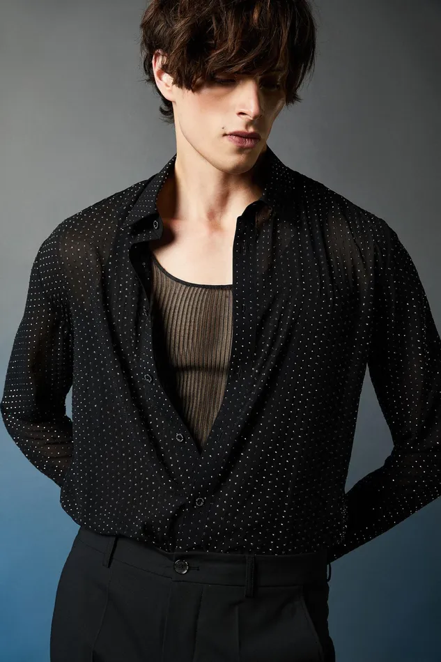Tops and Shirts Men Patrizia Pepe Voile Shirt With Rhinestones Black Studs