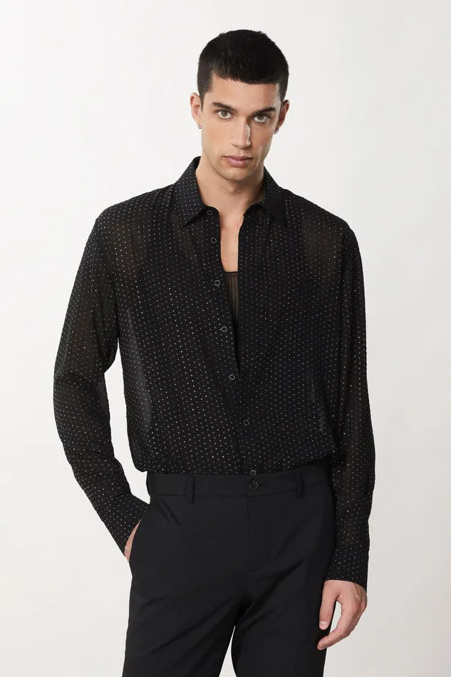 Tops and Shirts Men Patrizia Pepe Voile Shirt With Rhinestones Black Studs