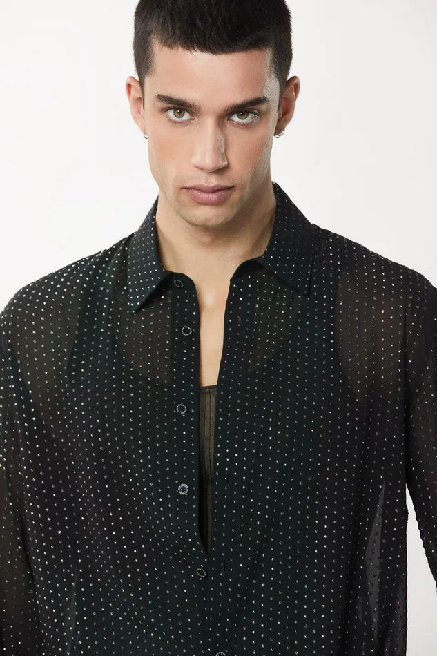 Tops and Shirts Men Patrizia Pepe Voile Shirt With Rhinestones Black Studs