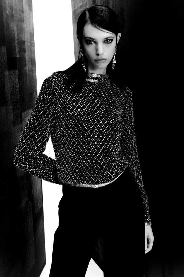 Tops Women Patrizia Pepe Beaded Embroidered Top Black and Shiny Silver