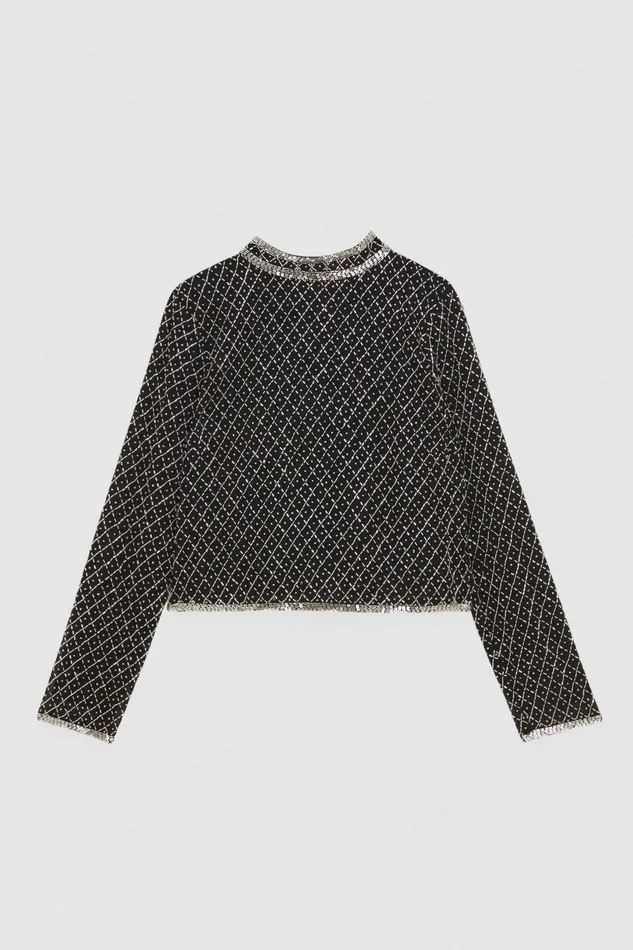 Tops Women Patrizia Pepe Beaded Embroidered Top Black and Shiny Silver