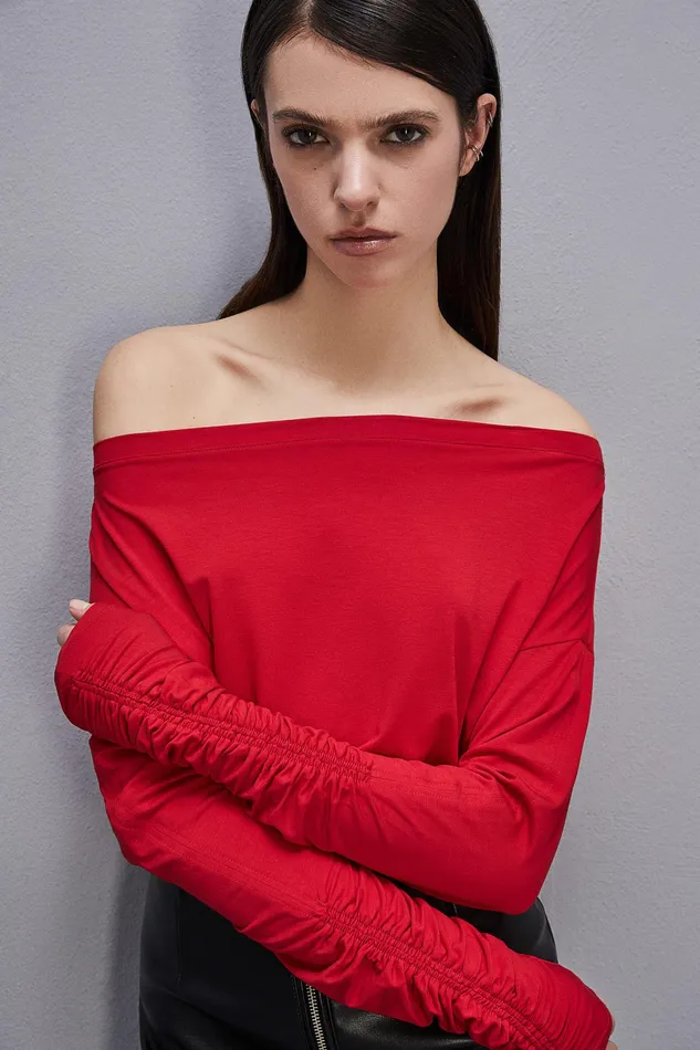 Tops Women Patrizia Pepe Dropped Shoulder Jersey TShirt Red Heart