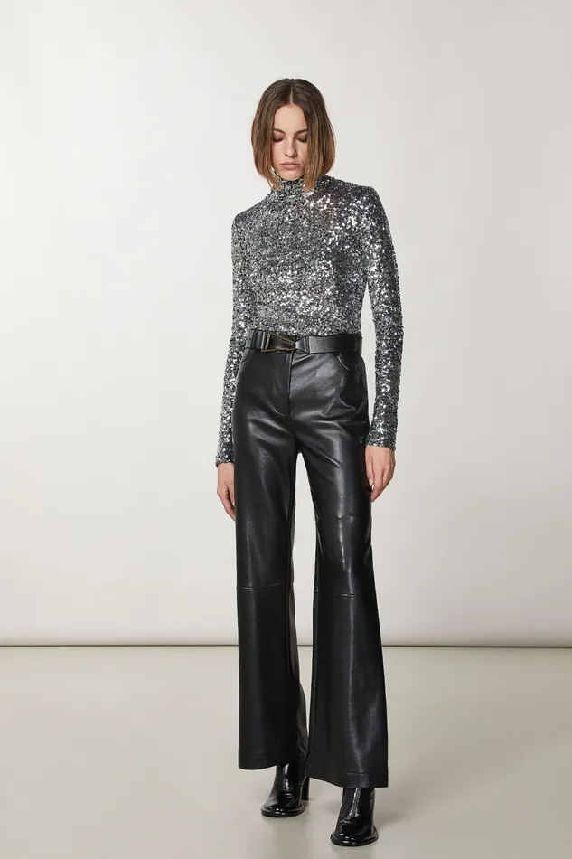 Tops Women Patrizia Pepe High Neck TShirt With Sequins Silver Sequins