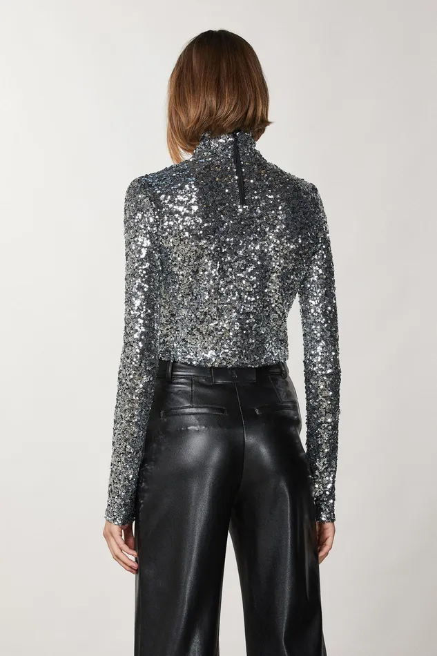 Tops Women Patrizia Pepe High Neck TShirt With Sequins Silver Sequins