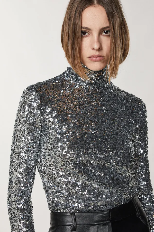 Tops Women Patrizia Pepe High Neck TShirt With Sequins Silver Sequins