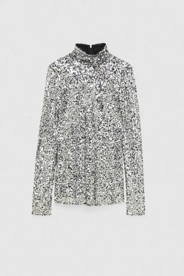 Tops Women Patrizia Pepe High Neck TShirt With Sequins Silver Sequins