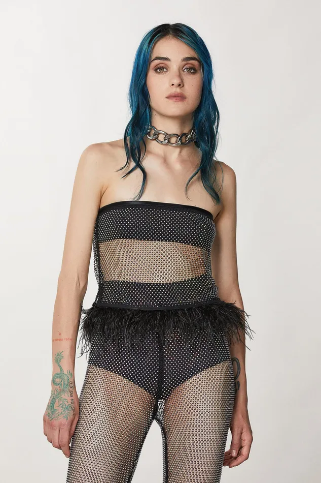 Tops Women Patrizia Pepe Rhinestone Mesh Top Nero