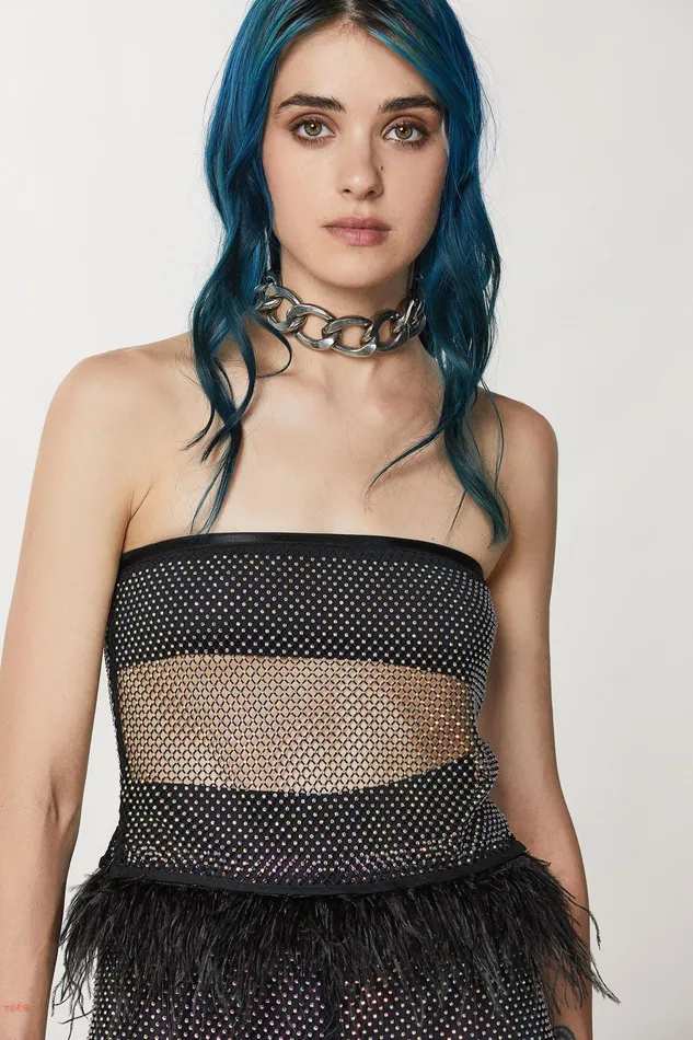 Tops Women Patrizia Pepe Rhinestone Mesh Top Nero