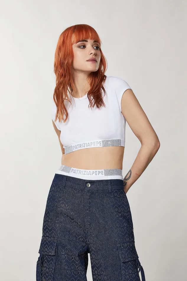 Tops Women Patrizia Pepe RibKnit Top With Rhinestones Bianco