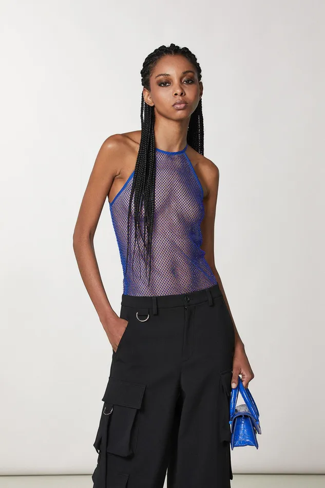 Tops Women Patrizia Pepe Sleeveless Top With Rhinestones Blue Ray