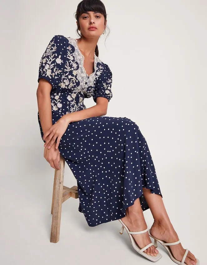 Tori Spot Embroidered Tea Dress Blue Women Monsoon Dresses