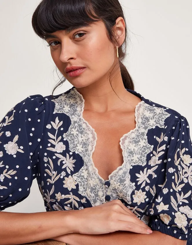 Tori Spot Embroidered Tea Dress Blue Women Monsoon Dresses