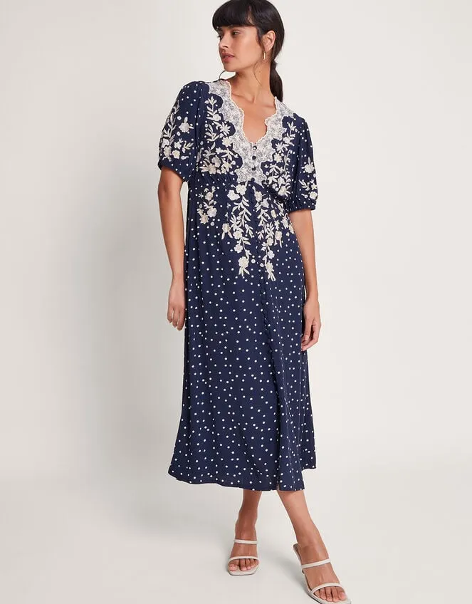 Tori Spot Embroidered Tea Dress Blue Women Monsoon Dresses