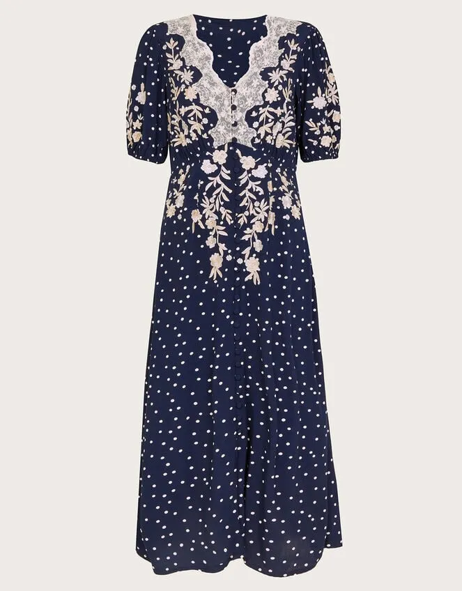 Tori Spot Embroidered Tea Dress Blue Women Monsoon Dresses