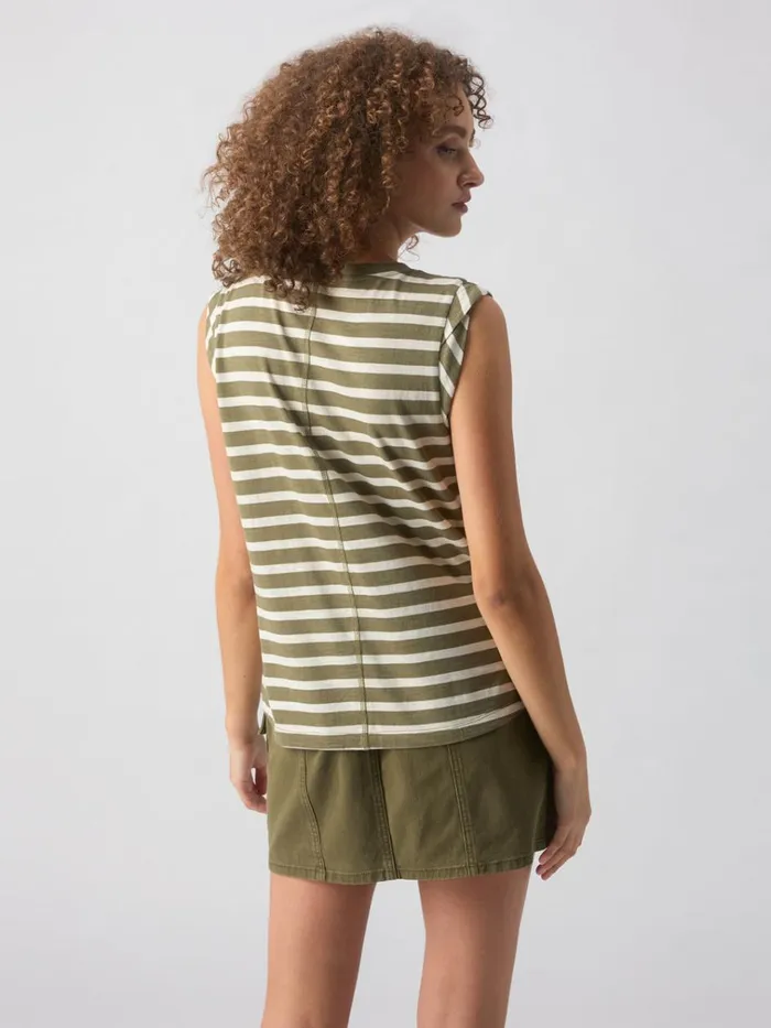 Traveler Twist Sleeve Tee Light Ecru Olive Stripe Women Sanctuary Clothing Tees and Tops
