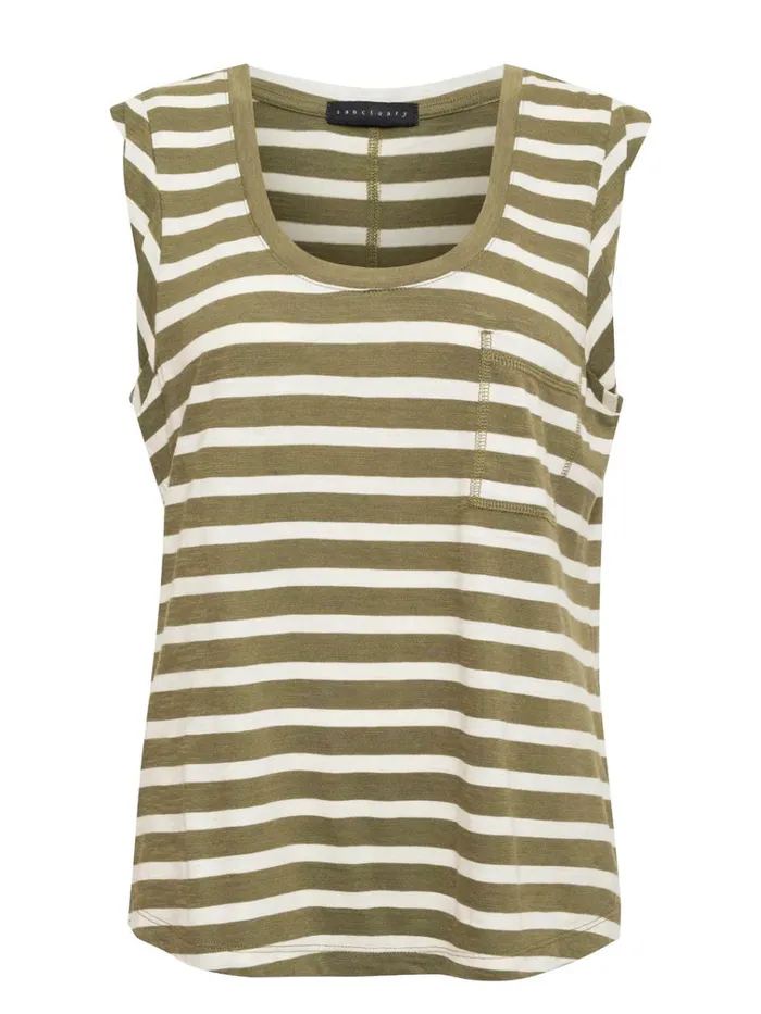 Traveler Twist Sleeve Tee Light Ecru Olive Stripe Women Sanctuary Clothing Tees and Tops