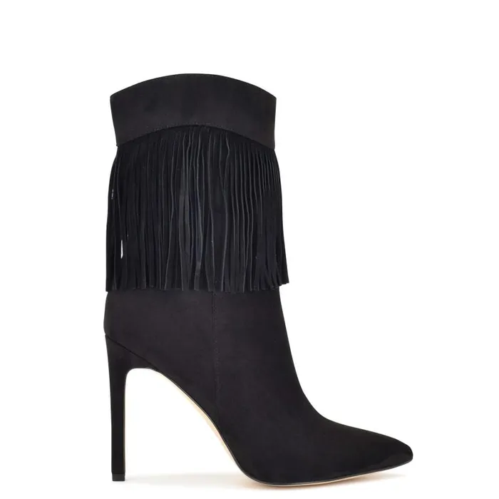 Tries Heeled Fringe Booties Black Suede Women Nine West Boots and Booties