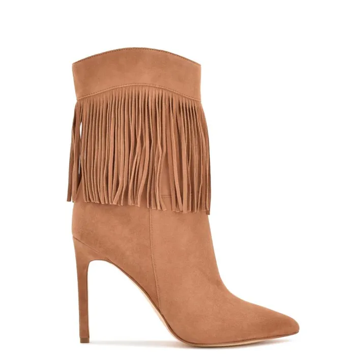 Tries Heeled Fringe Booties Cognac Suede Women Nine West Boots and Booties