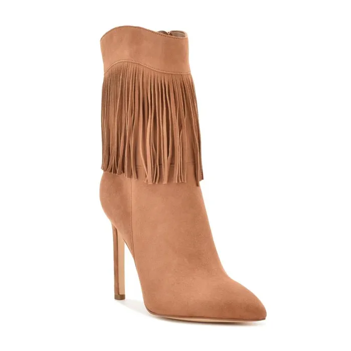 Tries Heeled Fringe Booties Cognac Suede Women Nine West Boots and Booties