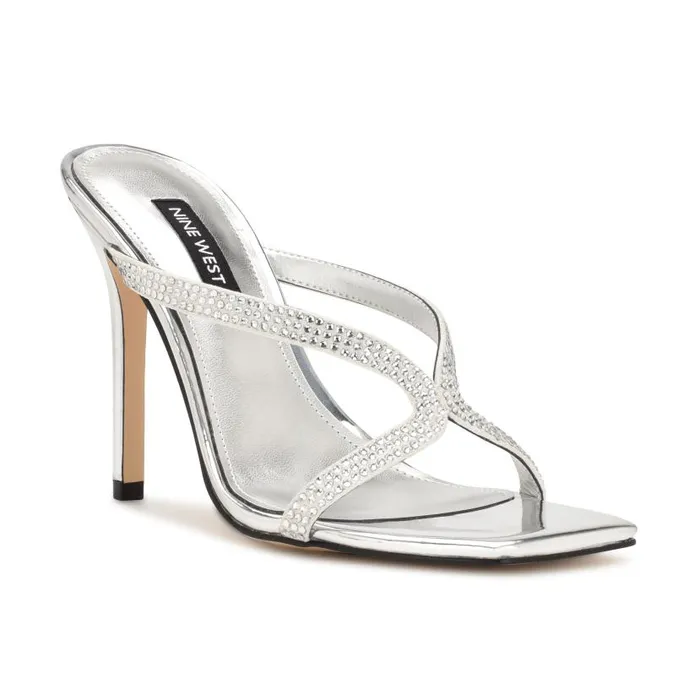 Twist Heeled Slide Sandals Silver Metallic Women Nine West Heels