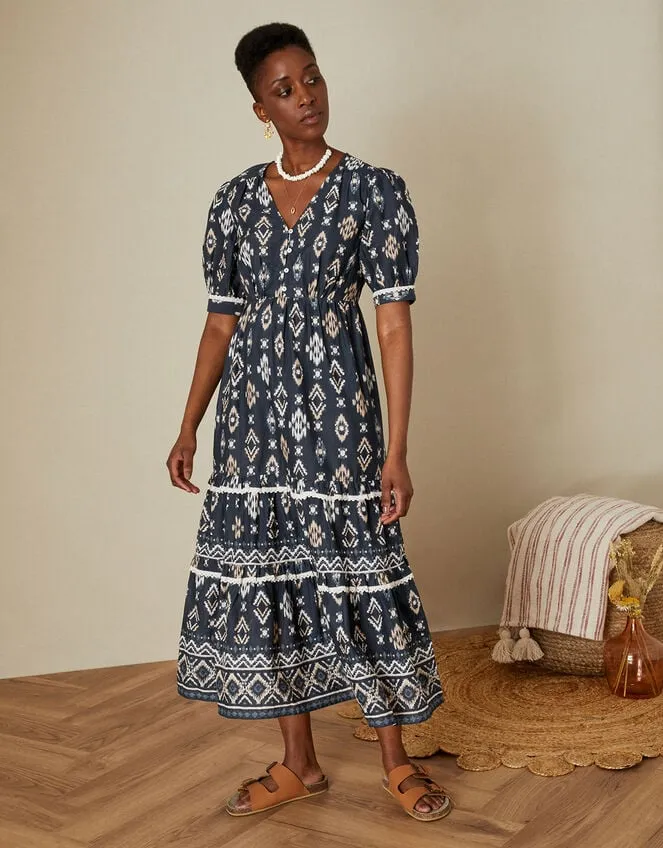 VNeck Button Ikat Print Midi Dress In Sustainable Cotton Blue Women Monsoon Dresses