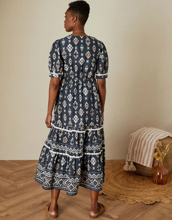 VNeck Button Ikat Print Midi Dress In Sustainable Cotton Blue Women Monsoon Dresses