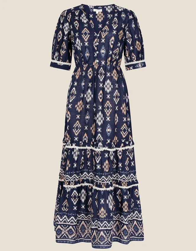 VNeck Button Ikat Print Midi Dress In Sustainable Cotton Blue Women Monsoon Dresses