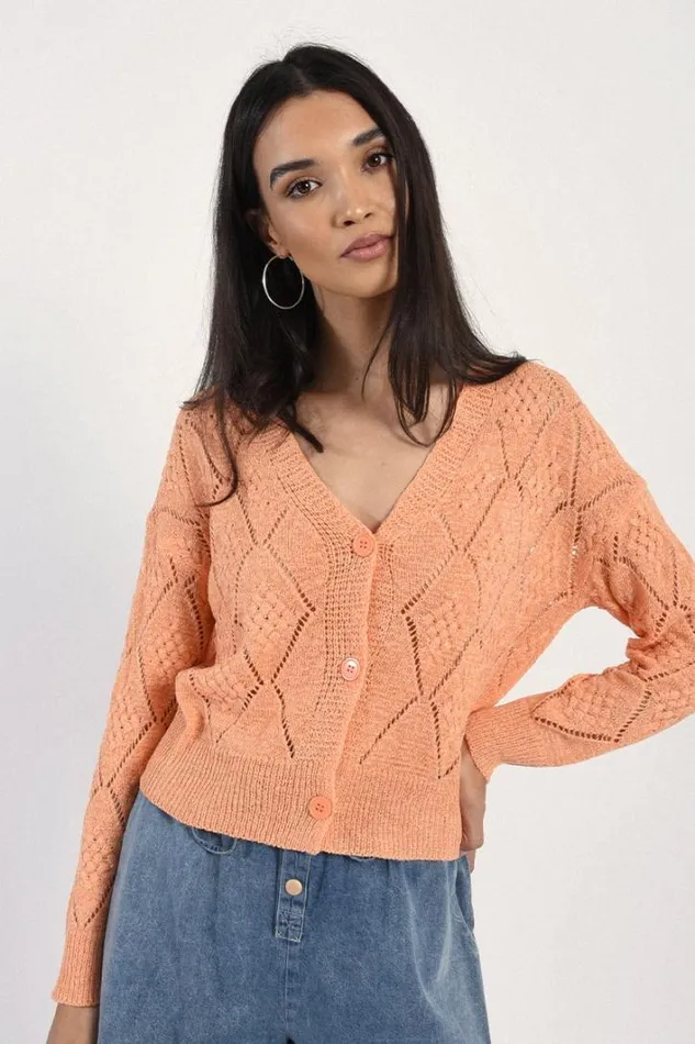 Vneck Cardigan With Openwork Stitching Melon Women Molly Bracken Cardigans