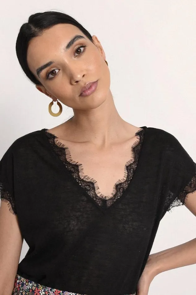 Vneck Top With Lace Trim BLACK Women Molly Bracken Tops