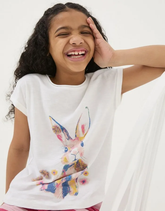 Watercolour Bunny TShirt Natural White Girls FatFace Tops and TShirts