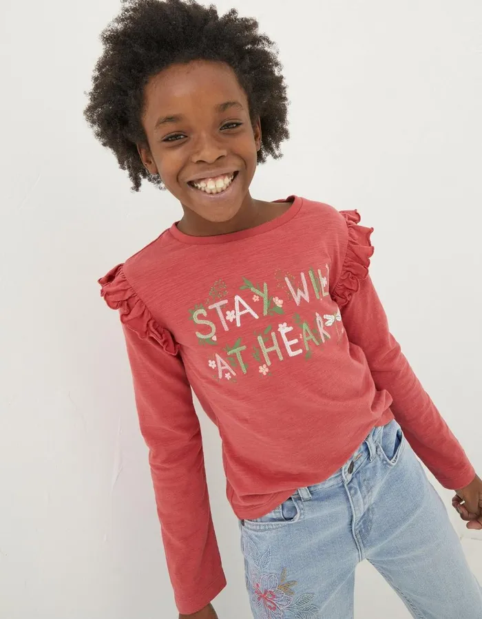 Wild At Heart Long Sleeve TShirt Washed Red Girls FatFace Tops and TShirts