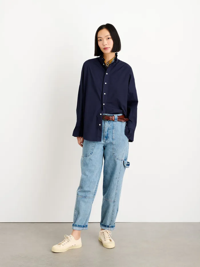 Women Alex Mill Shirts Tops Easy Ruffle Shirt In Paper Poplin Dark Navy