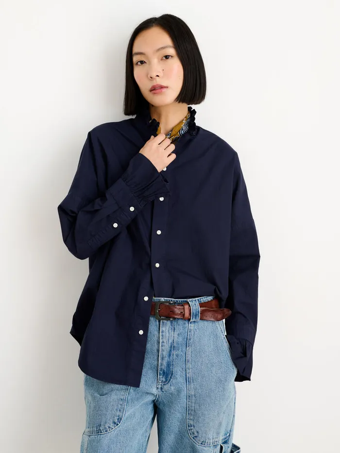 Women Alex Mill Shirts Tops Easy Ruffle Shirt In Paper Poplin Dark Navy
