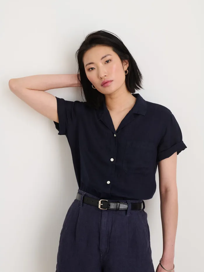 Women Alex Mill Shirts Tops Maddie Camp Shirt In Linen Dark Navy