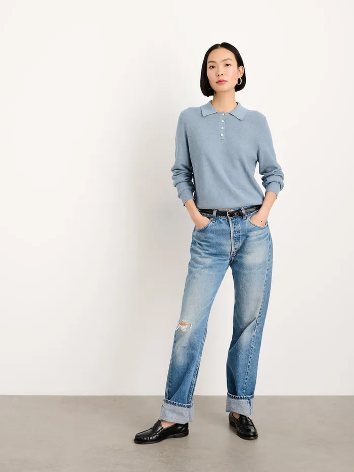 Women Alex Mill Sweaters Alice Polo Sweater In Cotton Stone Blue