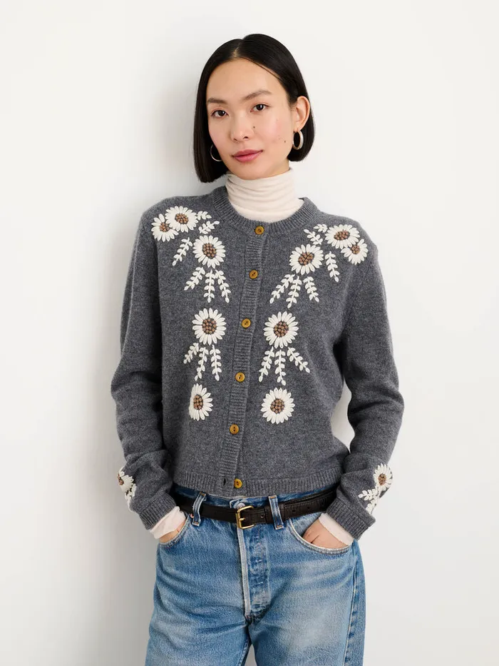 Women Alex Mill Sweaters Becca Embroidered Cardigan In Wool Grey Combo