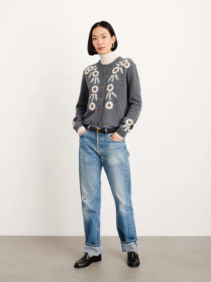 Women Alex Mill Sweaters Becca Embroidered Cardigan In Wool Grey Combo