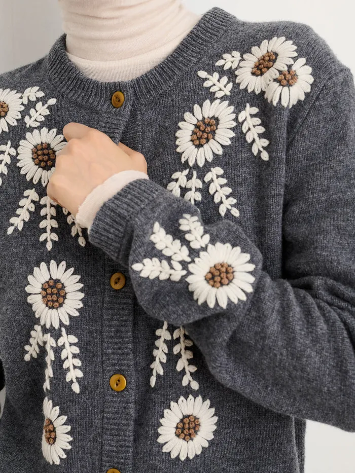 Women Alex Mill Sweaters Becca Embroidered Cardigan In Wool Grey Combo