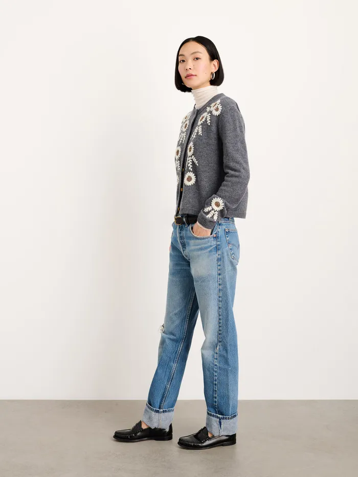 Women Alex Mill Sweaters Becca Embroidered Cardigan In Wool Grey Combo