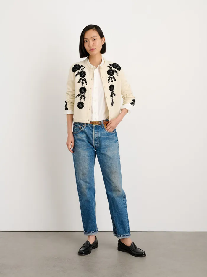 Women Alex Mill Sweaters Becca Embroidered Cardigan In Wool Ivory Combo