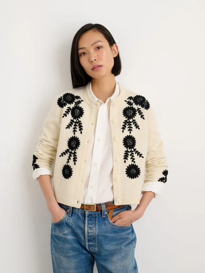 Women Alex Mill Sweaters Becca Embroidered Cardigan In Wool Ivory Combo
