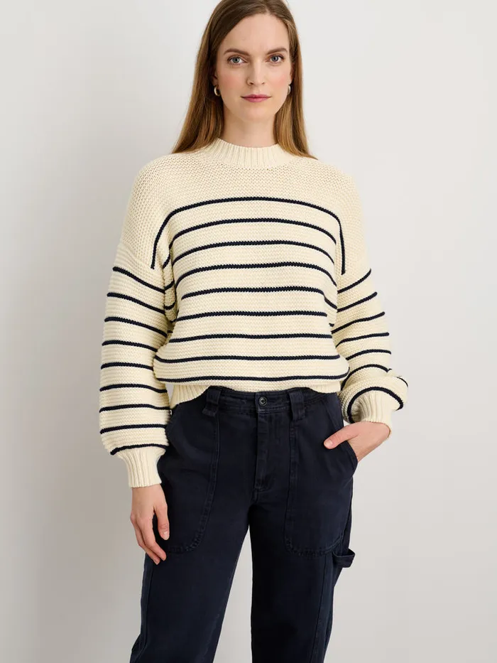Women Alex Mill Sweaters ButtonBack Crewneck Sweater In Stripe Ivorydark Navy