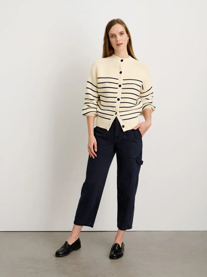 Women Alex Mill Sweaters ButtonBack Crewneck Sweater In Stripe Ivorydark Navy